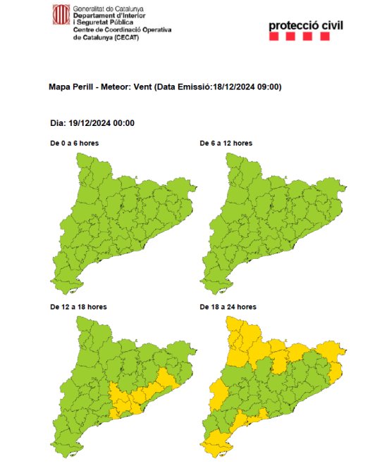 Mapa de l'avís de la situació meteorològica de perill per vent dijous, 19 de desembre.