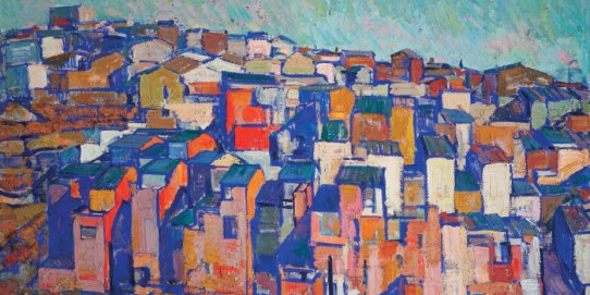 Fragment de la imatge que il·lustra el mes de gener: el quadre "Cases del carrer de Sant Sebastià", de Lluís Valls Areny (1968).