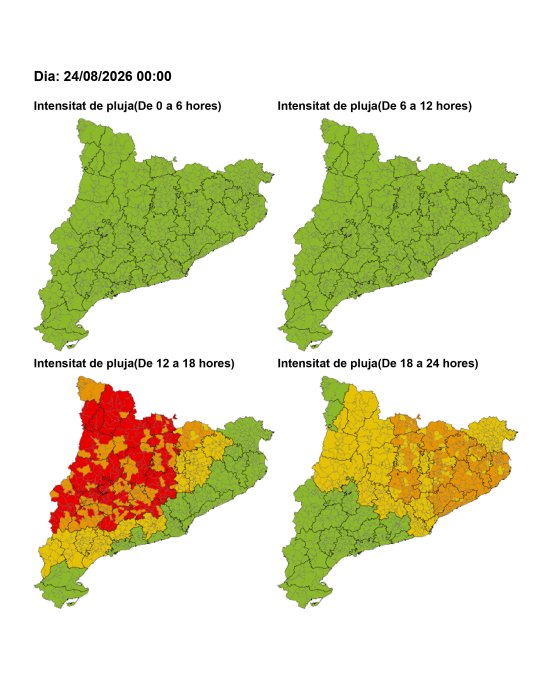 Previsió d’intensitat de pluja a Catalunya per a avui, dilluns 24 d’agost.